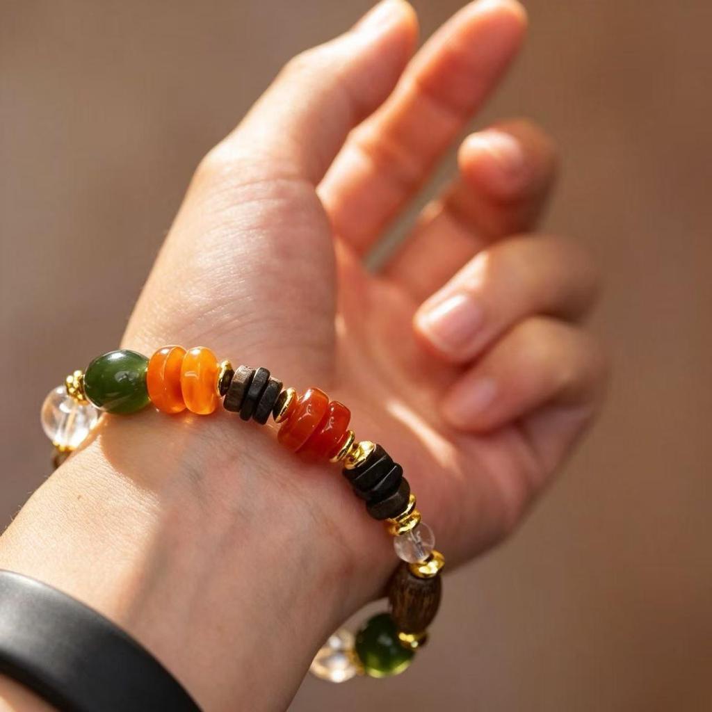 Exquisite Agarwood White Crystal & Imitation Beeswax Carved Bracelet