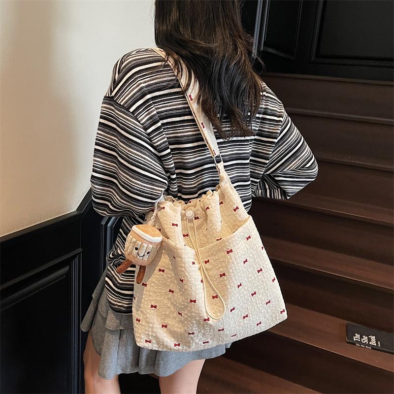 Striped canvas bag women's large capacity summer versatile shoulder messenger bag drawstring premium sense bucket bag