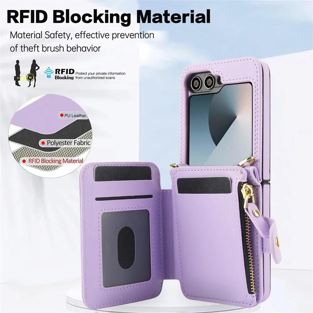 Crossbody Wrist Strap Wallet with Card Holder Phone Case for Samsung Galaxy Z Flip 6 5 4 3 Flip6 Flip5 Flip4 Flip3 Leather Cover
