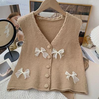 Unique Small Bow V-neck Sleeveless Vest Women's Spring Autumn Slim Short Knitted Gilet