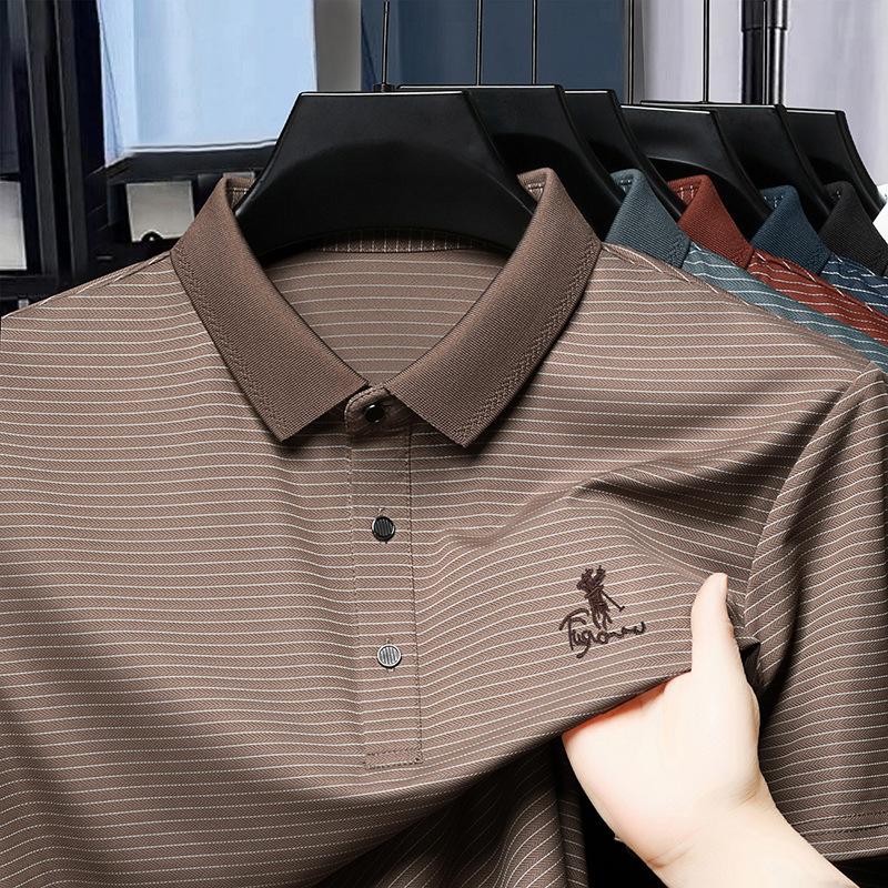 Machine Washable Men'S Ice Silk Seamless Short-Sleeved T-Shirt Business Casual Lapel Striped Polo Shirt