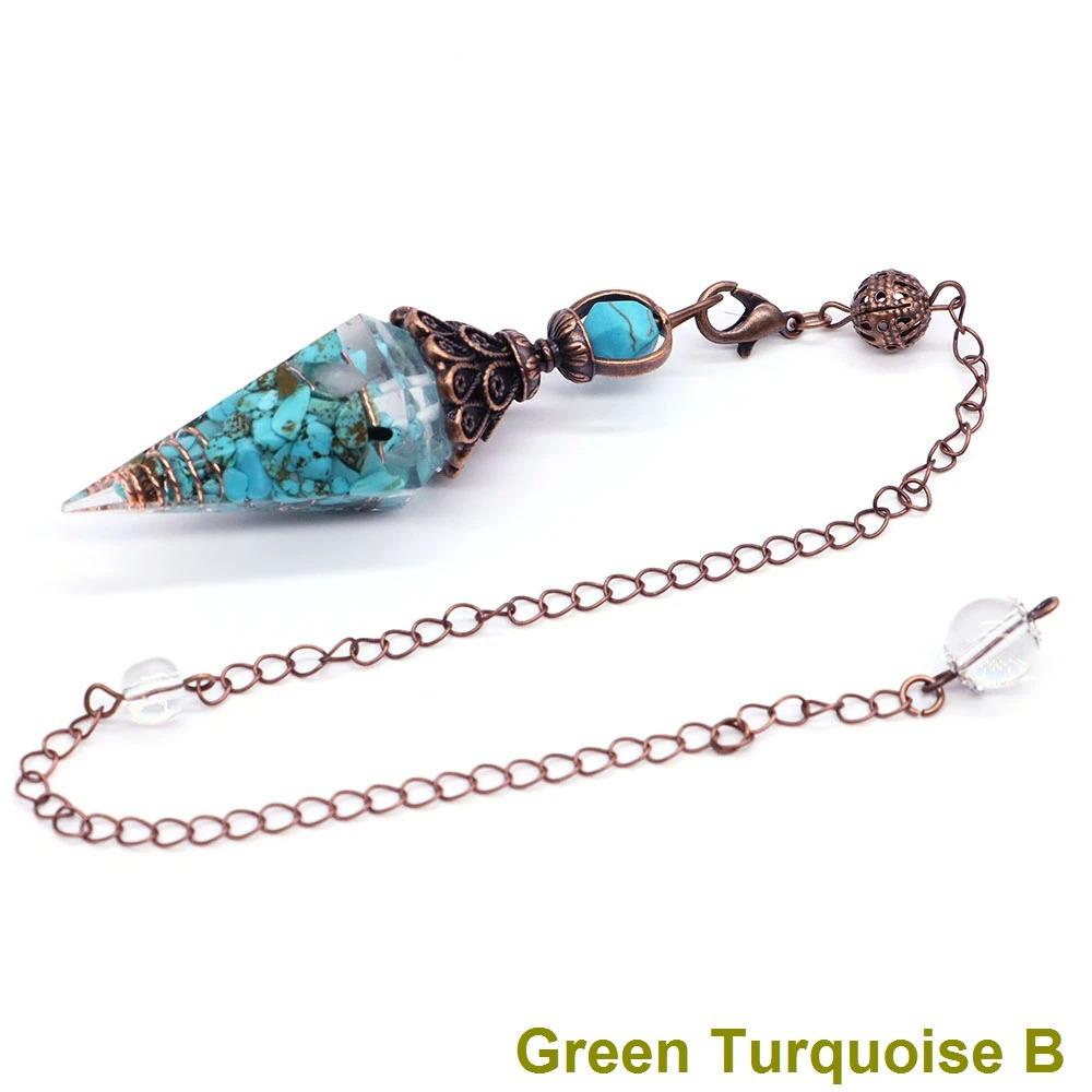 Antique Silver Seven Chakra Crystal Pendulum with Semi-Precious Chips and Resin Hexagonal Cone Pendant