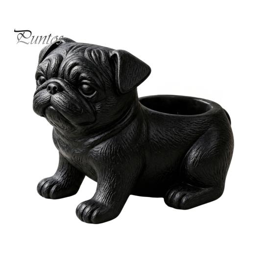 Mini Planter with Storage 3D Printed Pug Figurine Planter, Realistic Dog Statue Back Planting Slot, Matte Black Decor for Succulents Office