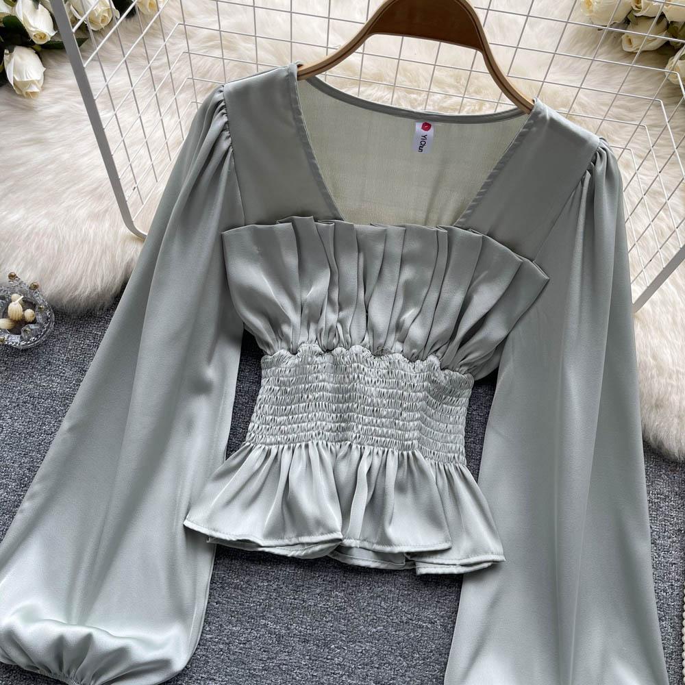 RUGOD Dámská podzimní košile s úzkým pasem a čtvercovým límcem, krásná košile s dlouhým rukávem