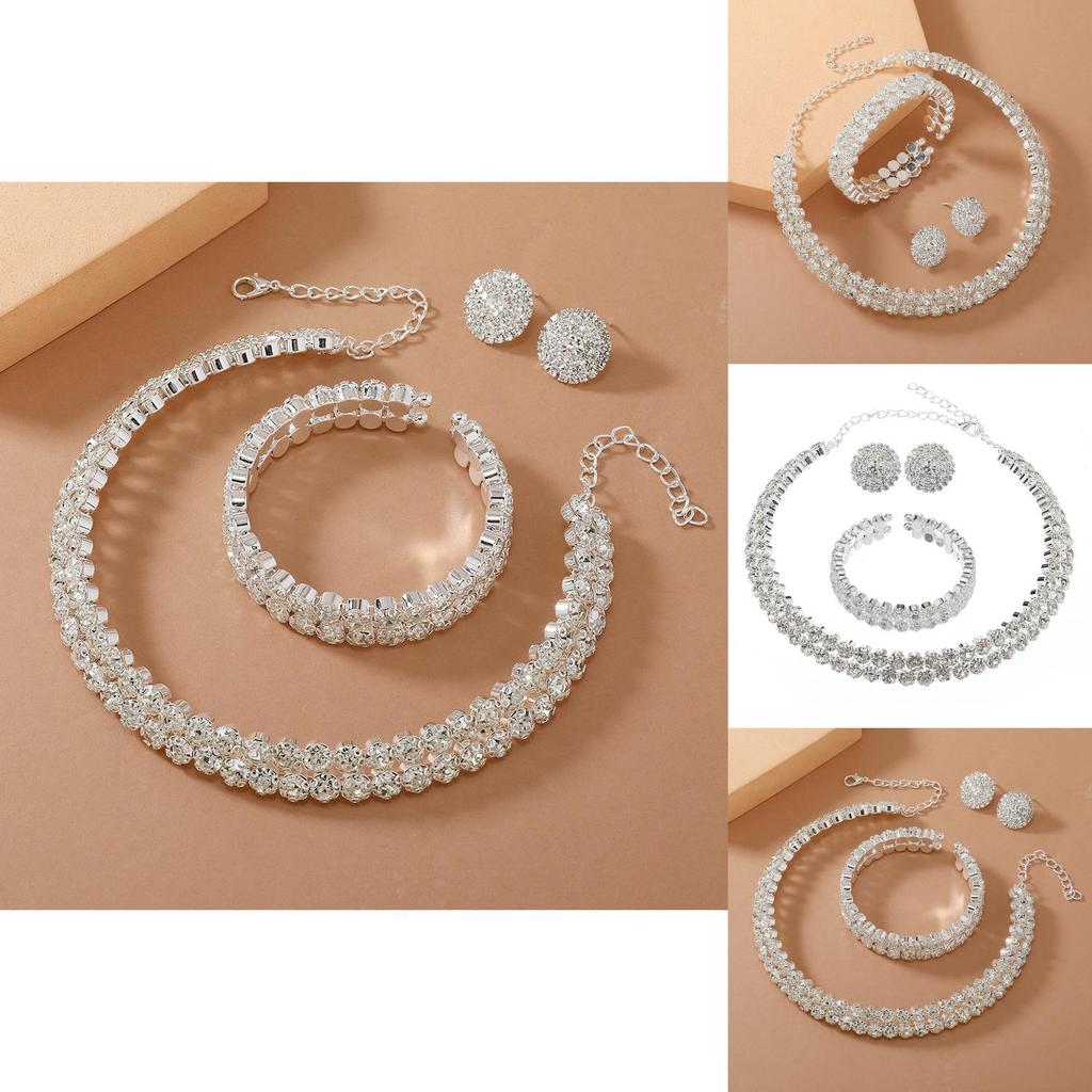 Silver Water Diamond Necklace Earrings And Bracelet Set With Geometric Style For Brides
