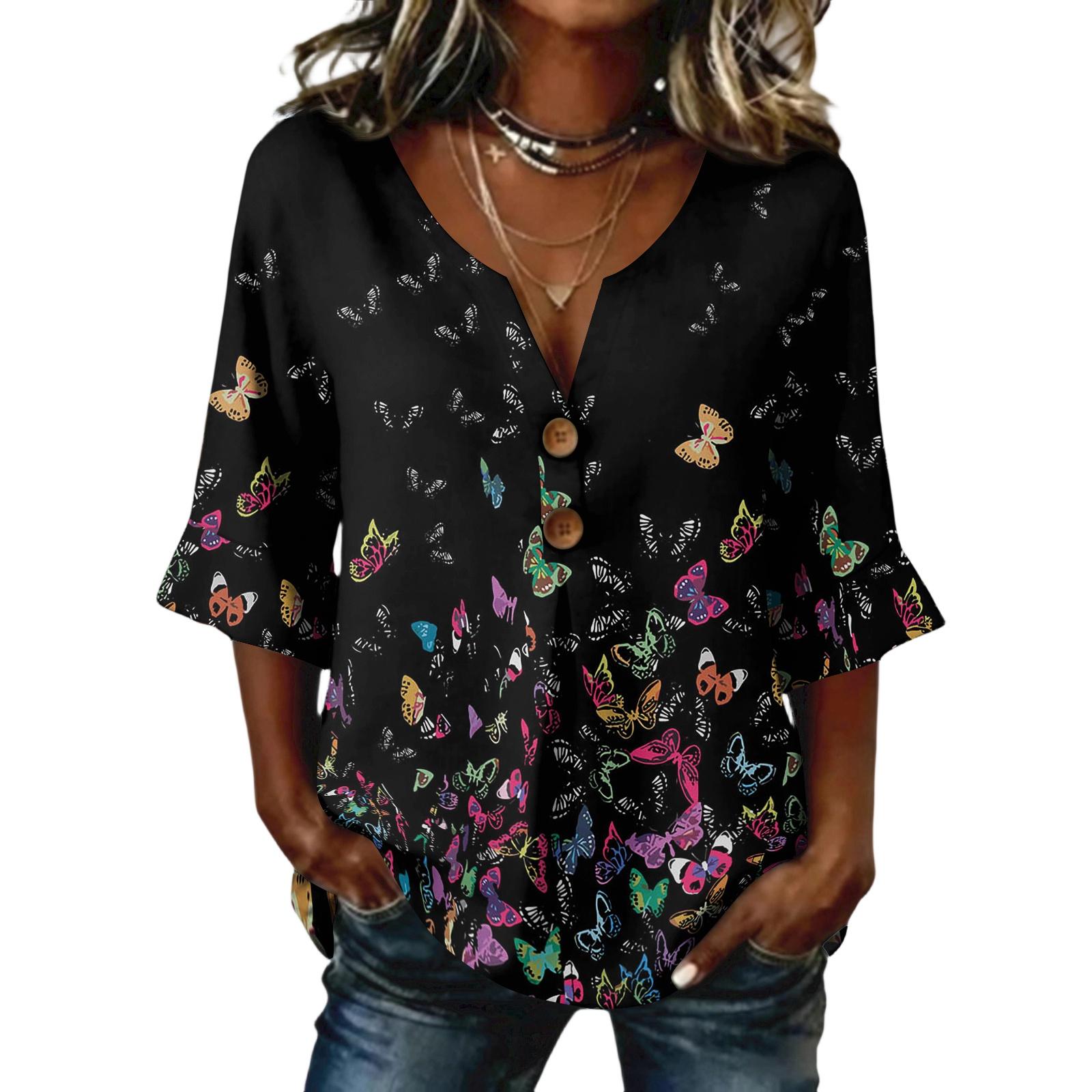Ladies  floral print button casual V-neck fashionable seven quarter sleeve top XL