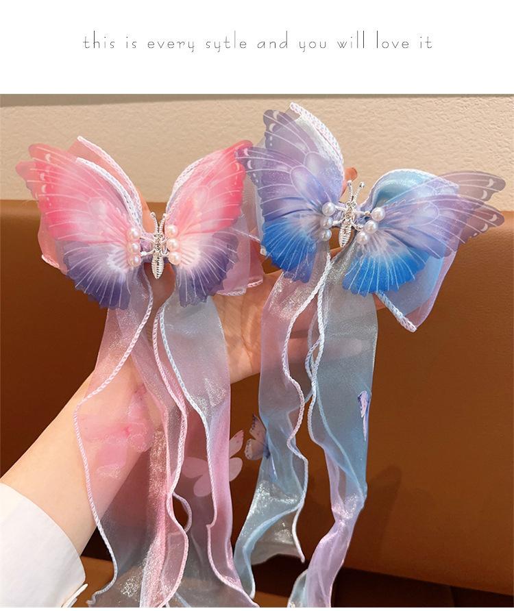 2025 New Fluttery Butterfly Tulle Ribbon Hair Clips for Girls—vibrant moving wings, fairy tulle streamers, cute princess style