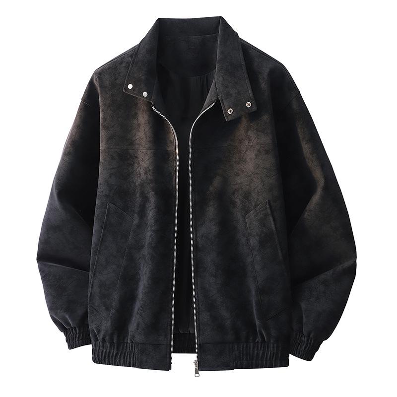 Men's Trendy Retro Tie-Dye Stand Collar PU Leather Jacket - Autumn Casual Outerwear