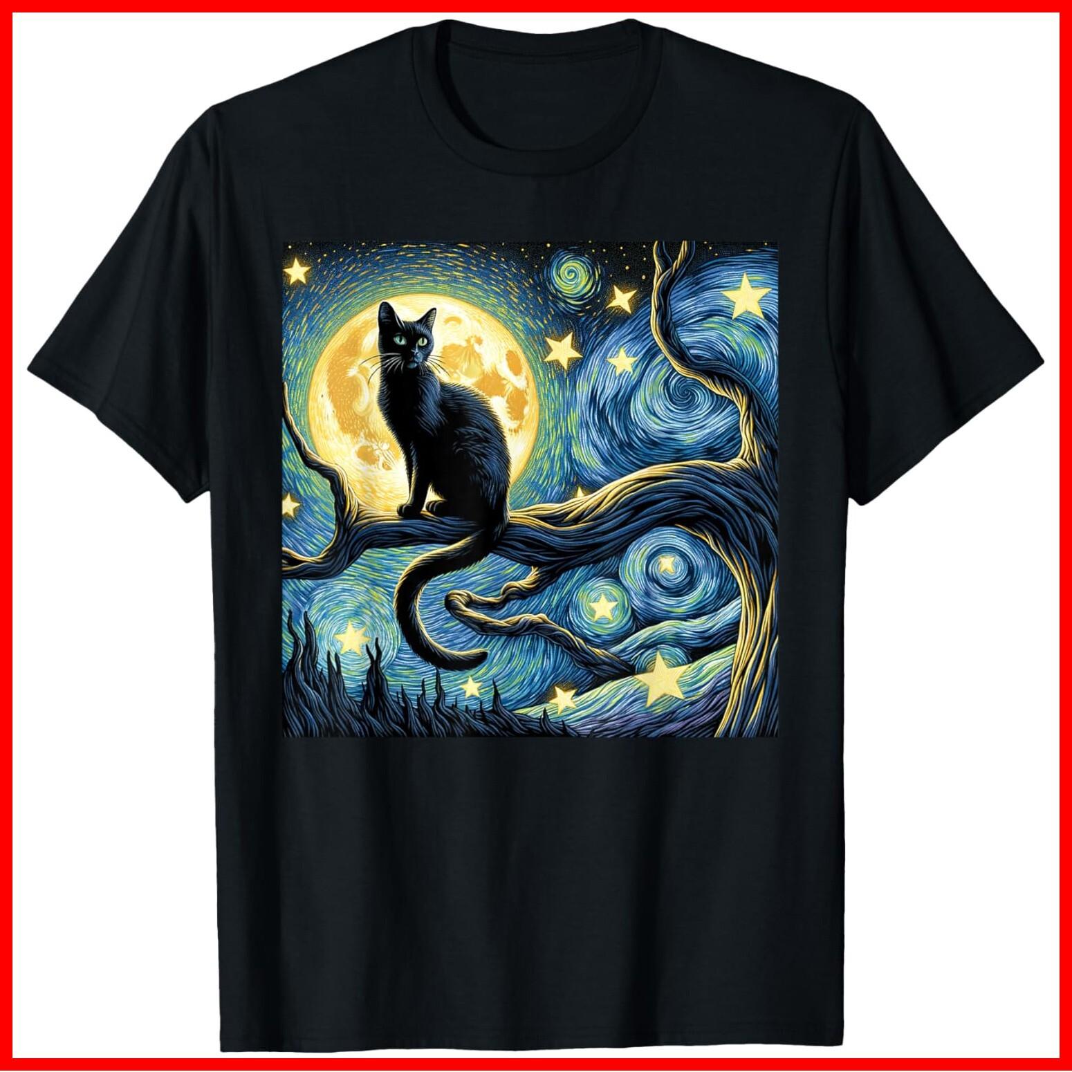 Cat Starry Night, Cat Van Gogh, Cat Art, Funny Cat Black Cotton T-Shirt S-5XL S