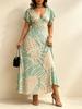 Women's Mint Green Base Beige Tropical Plant Print V-Neck Flutter Sleeve Maxi Dress, High Waist Slim Fit Elegant A-line Workwear for Spring Summer