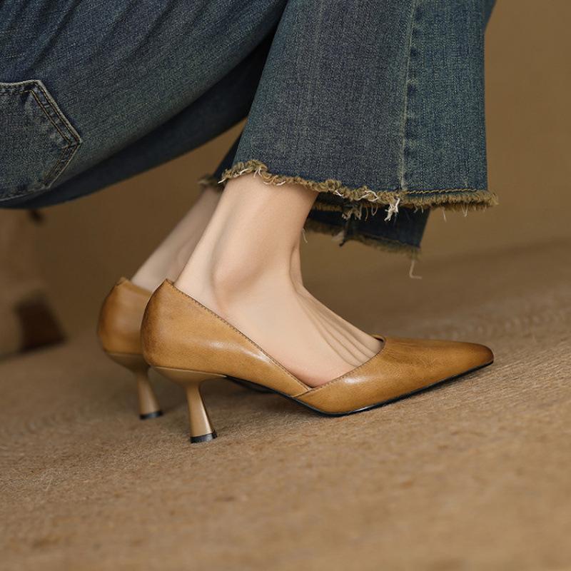 French casual versatile high heels spring and summer new foot cover women's single shoes light mouth pointed head thin heel commuting solid color