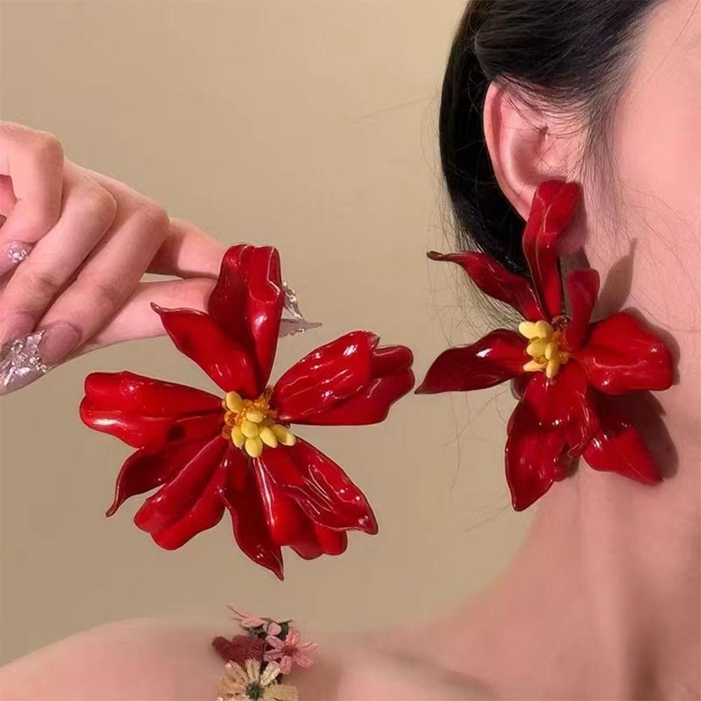 Exaggerated Red Flower Earrings Vintage Statement Earrings Party Holiday Jewelry  for Women & Girls