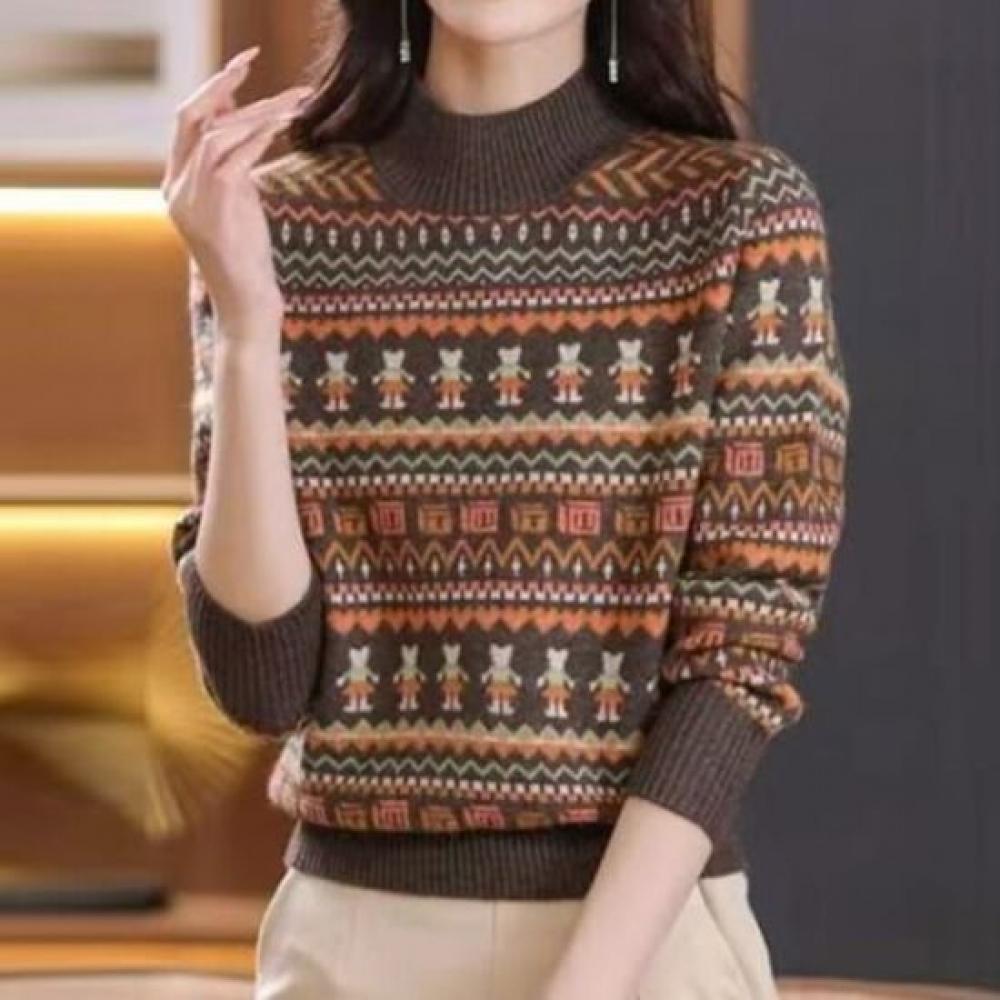 Navava Women S Retro Ethnic Pattern Half Turtle Neck Long Sleeve Knit Sweater Nk