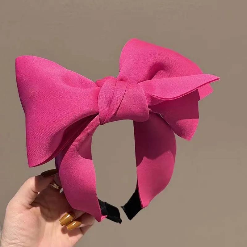 

2025 New Arrival Rose Red Big Bowknot Headband Hair Hoop For Women Korean Solid Color Wide Hair Band Bezel Hair Accessories рожевий червоний колір