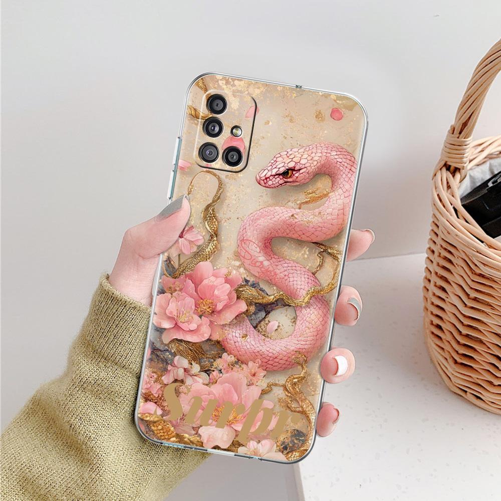 Phone Case For Samsung A15 A13 A35 A55 A51 A71 A41 A31 A21S A03S A05 A17 A23 A25 A33 A53 A73 5G A07 4G Cover Blossom Pink Snake