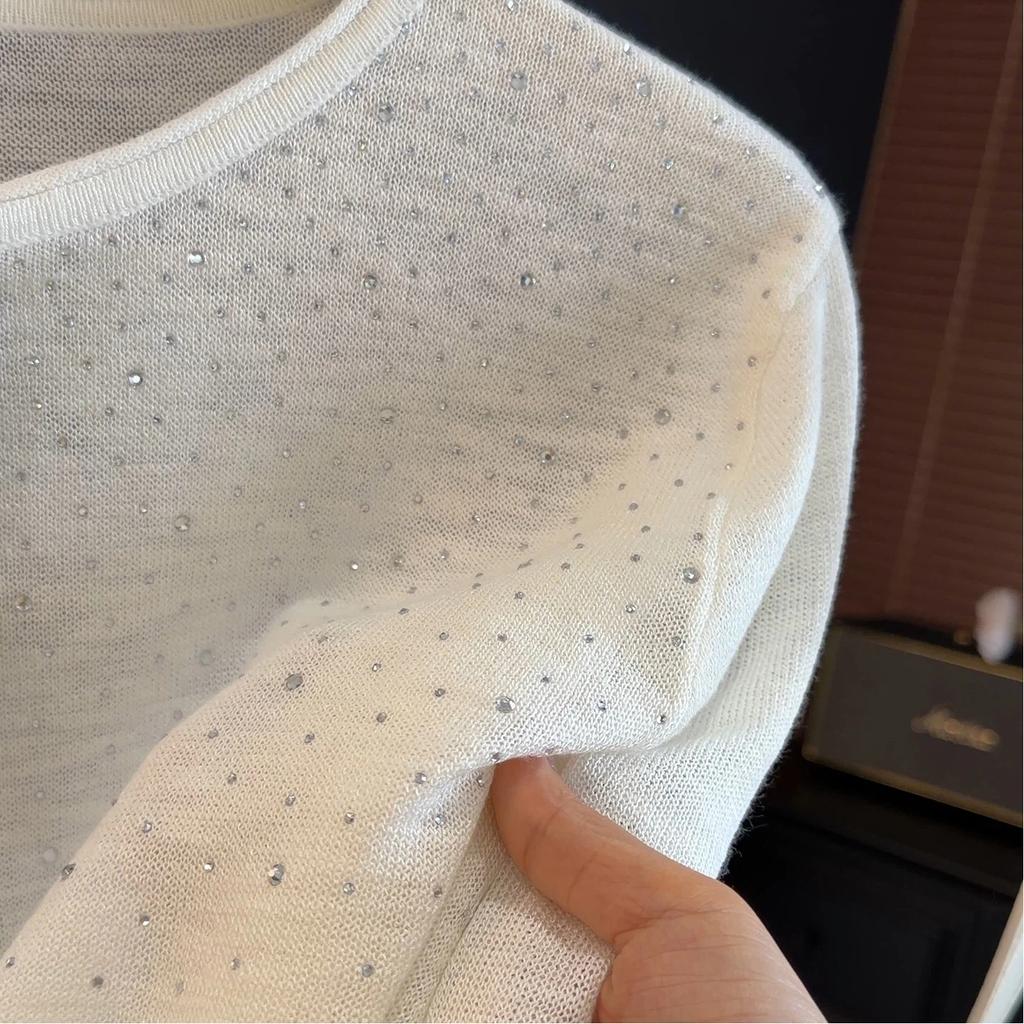 Blue Long Sleeved T-shirt Women's Ice Silk Knitted Thin Loose Top