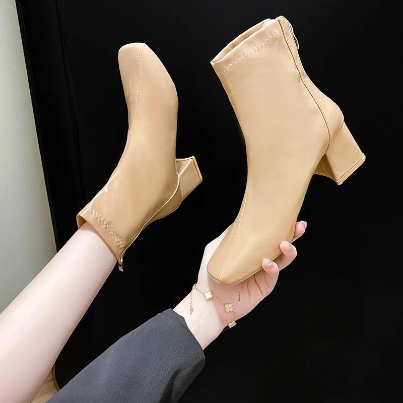 Women's Thick Heel Medium Heel Boots Women's 2025New Winter Square Toe Back Zipper Increased Casual Short Boots