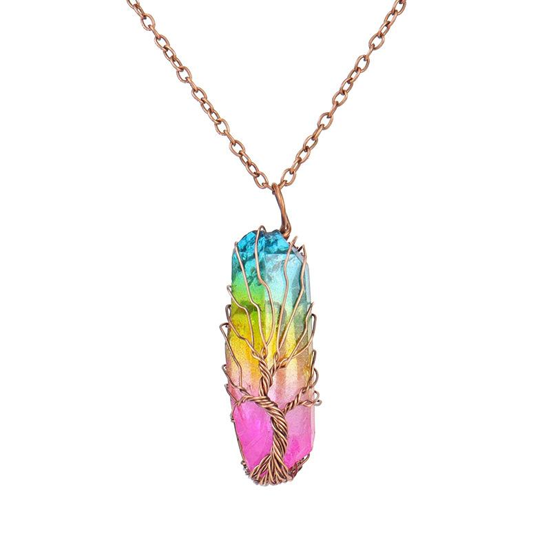 Vintage Hand-Wound Colorful Crystal Stone Necklace, Crystal Pillar Life Tree Necklace N523