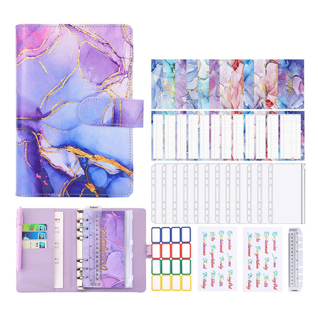 A6 Budget Binder with Marble Pattern PU Leather Notebook Cover Zipper Envelopes Lable Stickers Ruler Used as Money Organizer System Bill Money Card S