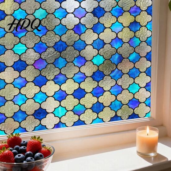 Decorative Window Film for Privacy Stained Glass Film Retro Geometric Plaid Static Cling Decal Double Removable PVC Cover Sided Sticker Doors