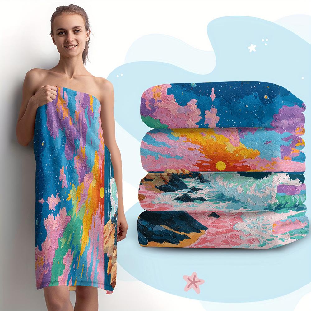 1pc Scenic Beach Towel Vibrant Sunset Over Ocean with Colorful Clouds and Starry Sky Bath Towels Soft Microfiber Fabric Unisex