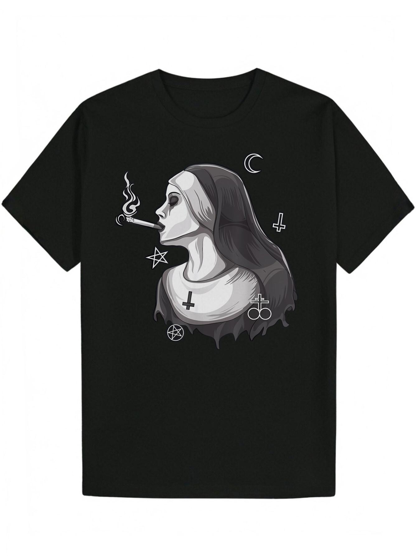 

Graphic T-shirt - Edgy Nun & Occult Design with Smoke S