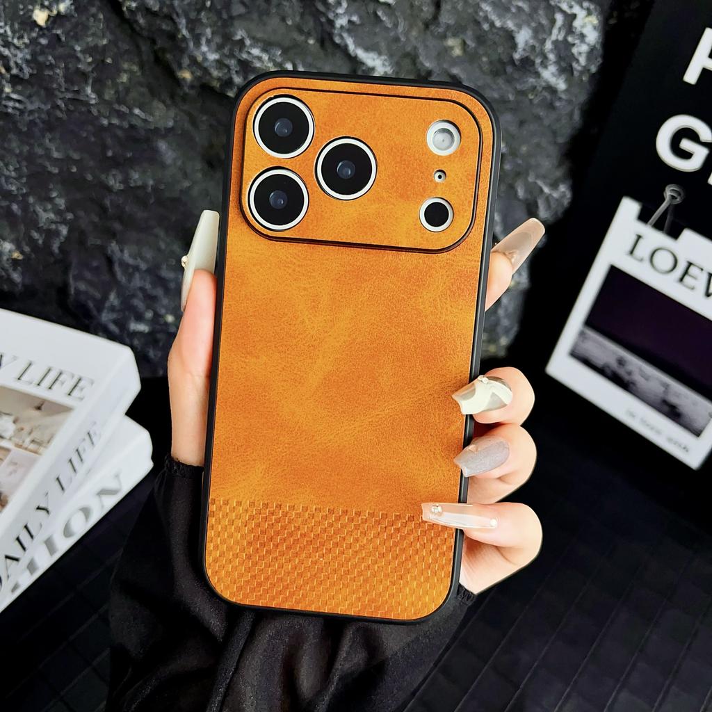 For iPhone 17 Pro Max Case Grid Texture PU Leather Coated PC TPU Phone Cover