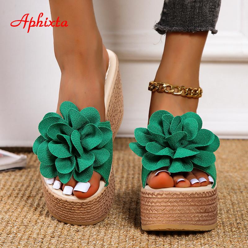 Fashion Aphixta 9cm Heels Slides Pearl Crystals Appliques Shoes Woman Slippers Flip Flops Wedge Heel Platform Woman Beach Zapatos Mujer