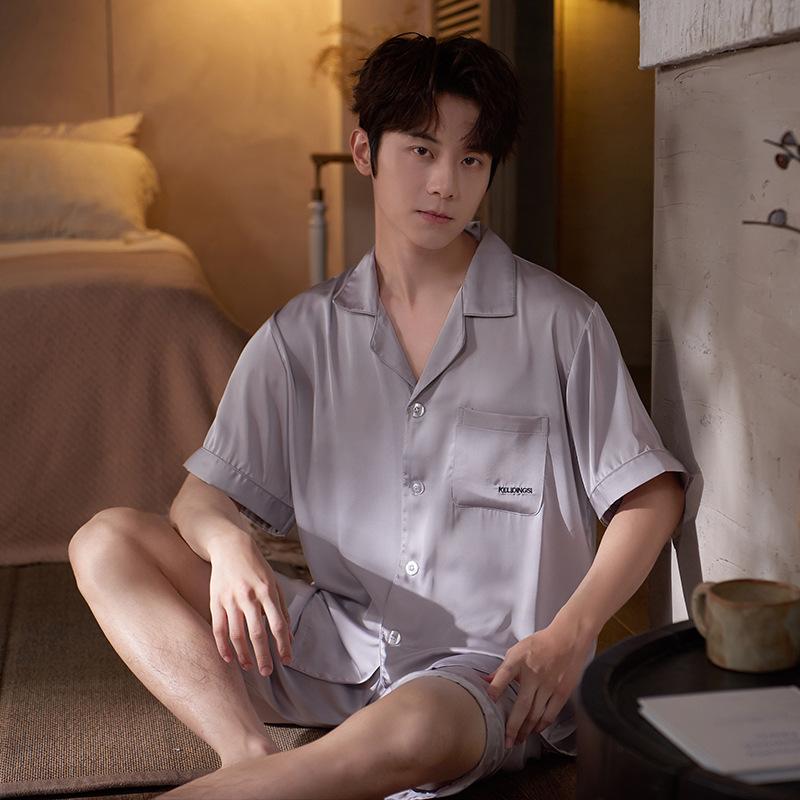 Pajamas Men's Summer Ice Silk Short Sleeve Shorts Silk Loungewear Men's Simulation Silk Thin Cardigan Casual Suit