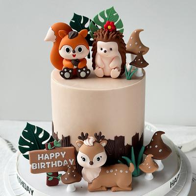 Forest Woodland Animal Cake Toppers Jungle Party Kids First Birthday Party Cake Decoration Hedgehog Squirrel Deer Cake Insert