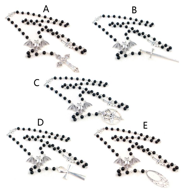 Ankh Kreuz Fledermaus Anhänger Halskette Goth Lange Rosenkranz Perlen Halskette Halloween Schmuck Y2k Punk Pullover Kette Halskette