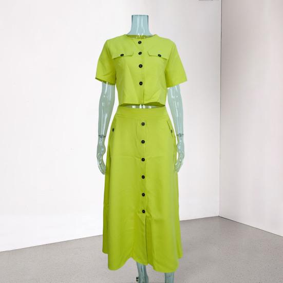 Women's Shirt And Skirt Solid Color O Neck Button Down Blouse Skirt with Pockets Summer Outfit for Office Business Occasions