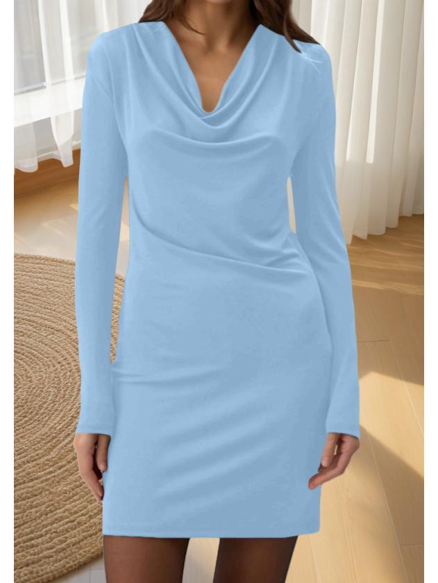 2025 European & American Women s Slim Body-shaping Pleated Draped Collar Autumn Dress M небесно-голубой