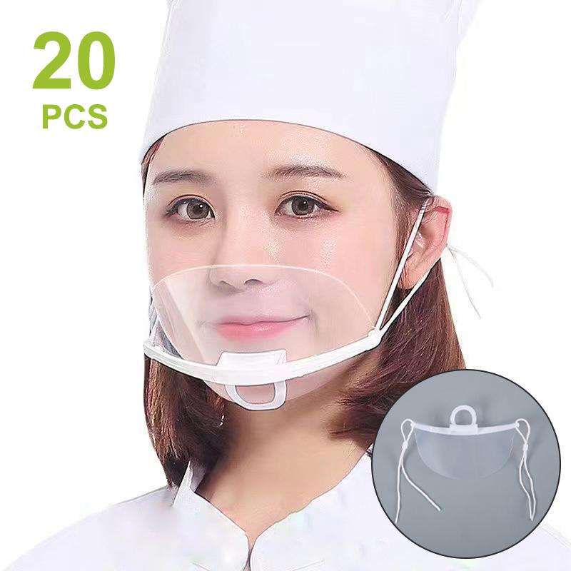 20Pcs Clear Plastic Catering Mask Hotel Beauty Chef Waiter Protective Mask Reusable Visible Splash Proof Mask