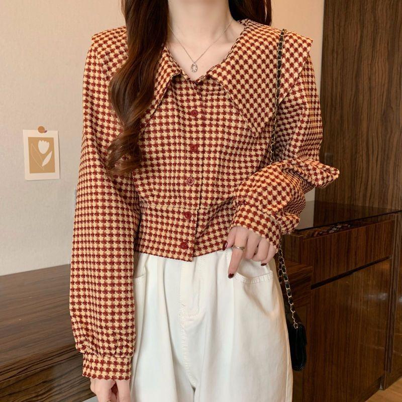 Houndstooth Doll Collar Shirt for Women Spring New Design Niche Shirt Long-sleeved Retro Short Top