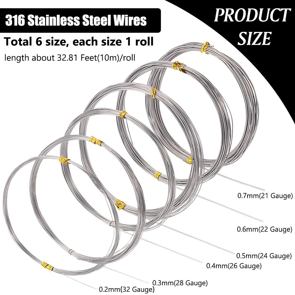 6 Rolls 6 Size 316 Stainless Steel Wires, Round, Stainless Steel Color, 0.3~0.8mm, About 32.81 Feet(10m)/Roll, 1 Roll/size