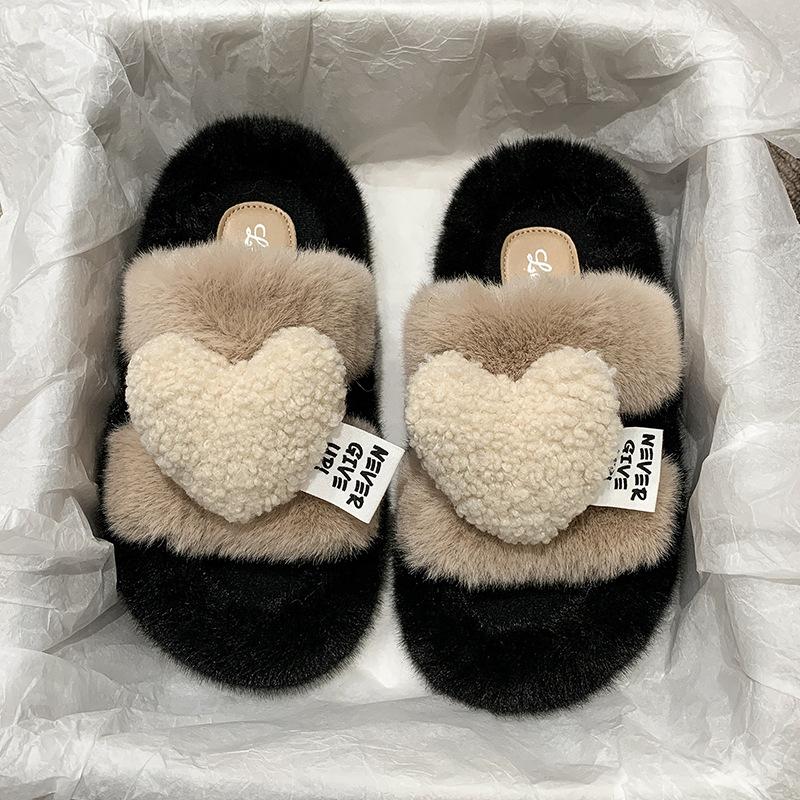 Premium thick bottom fluffy slippers women wear new autumn and winter Internet celebrity peach heart plush heightening cotton slippers