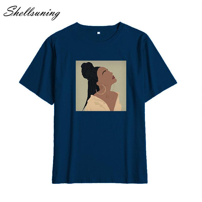 Shellsuning Summer Vintage Printed Cotton T Shirt Women Loose Short Sleeve Trend Tees Female Casual Streetwear All-match Basic Tops