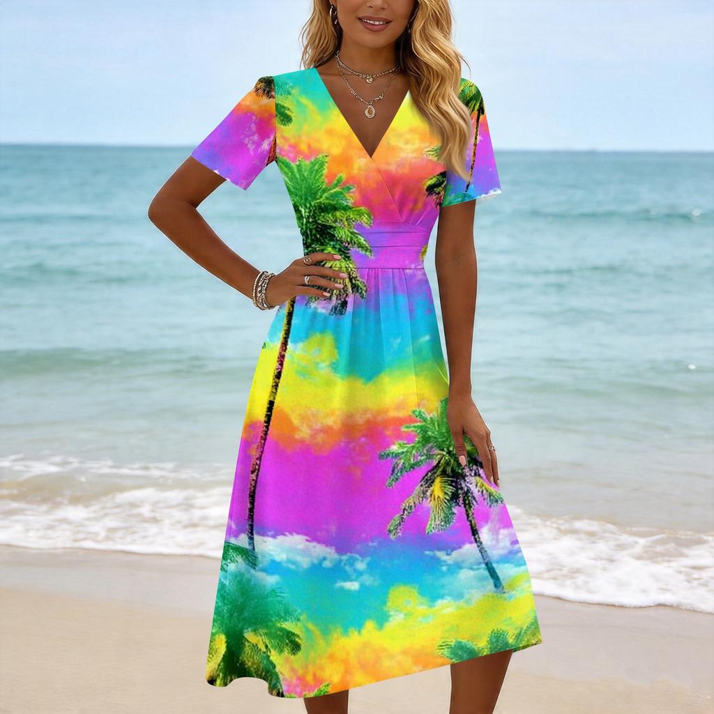 Women’s Short Sleeve V Neck Midi Dress with Tree Print Casual Loose Fit Summer Vacation Beachwear