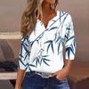 Women's Fashion And Leisure Flower Print V Neck 3/4 Sleeve Button Top T-shirt Top
