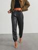 2026 Women's Fashion PU Leather Elastic Waist Front Loop Single Button Casual Sports Pants Women's Clothing Women's Pants