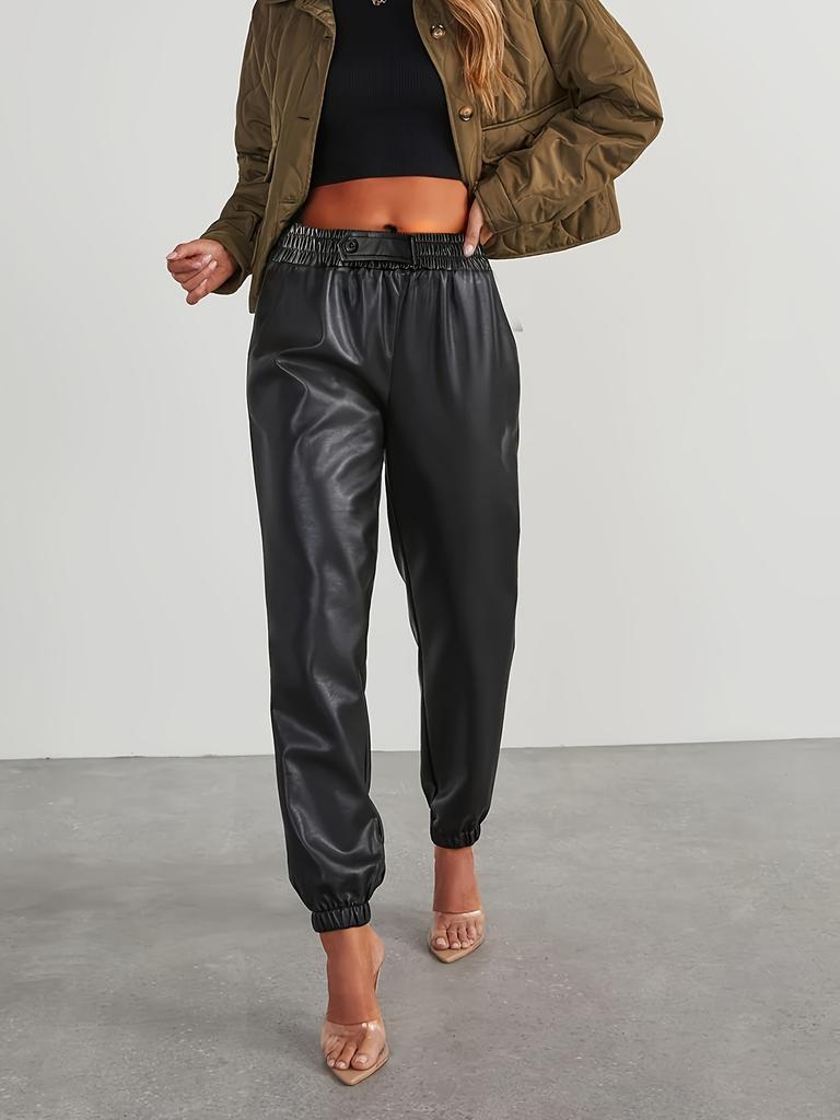 2026 Women's Fashion PU Leather Elastic Waist Front Loop Single Button Casual Sports Pants Women's Clothing Women's Pants