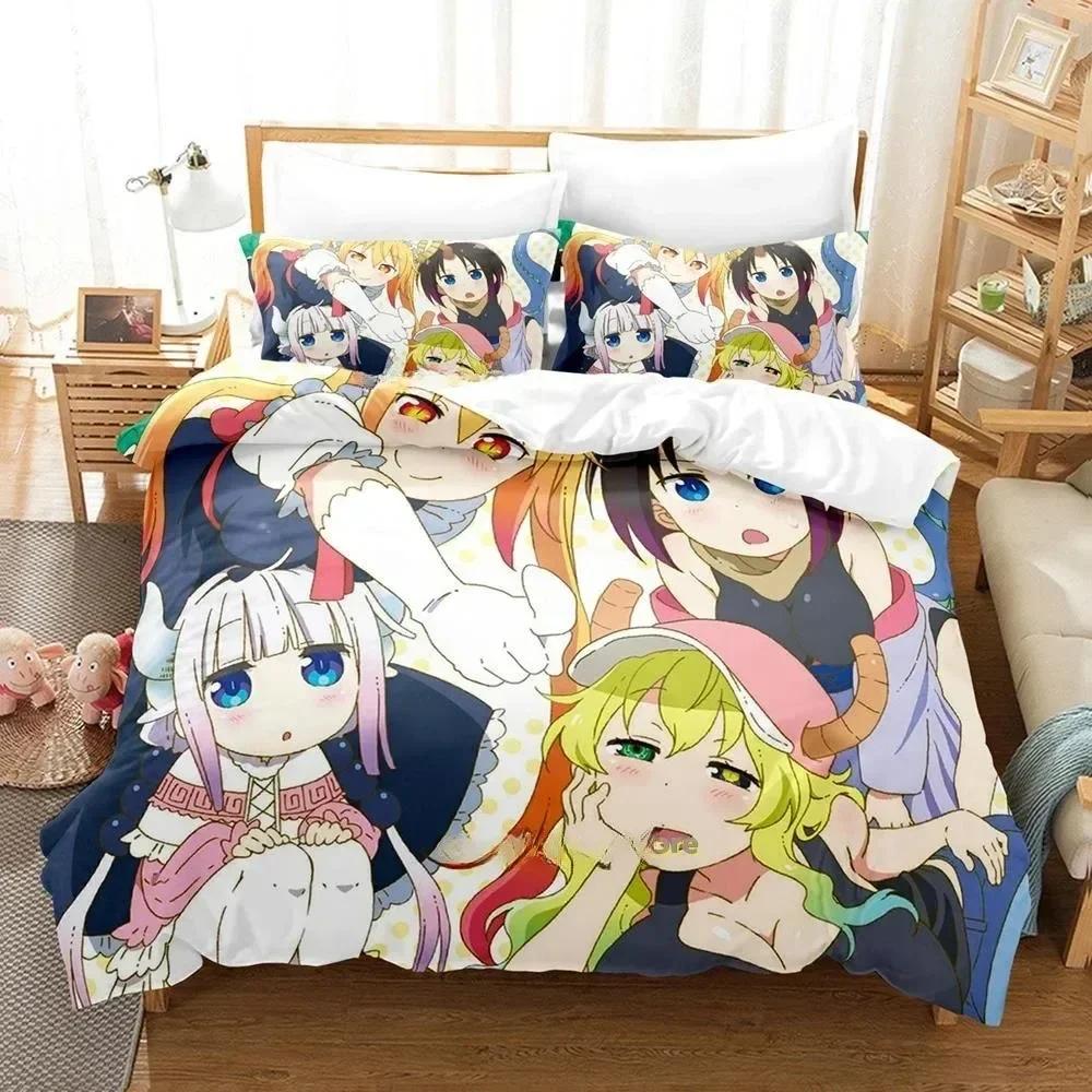 3D Kawaii Girl Miss Kobayashi's Dragon Maid Bedding Set Anime Three-piece Set Adult Kid Bedroom Duvet Cover Sets Home Textiles