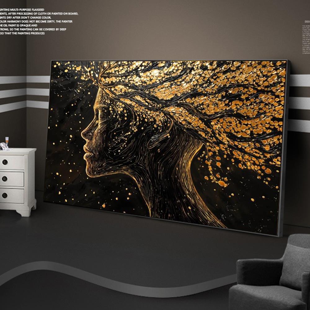 Abstract Surreal Woman Portrait Canvas Painting Art Posters Black And Gold Mysterious Female Face Modern Luxury Wall Home Decor