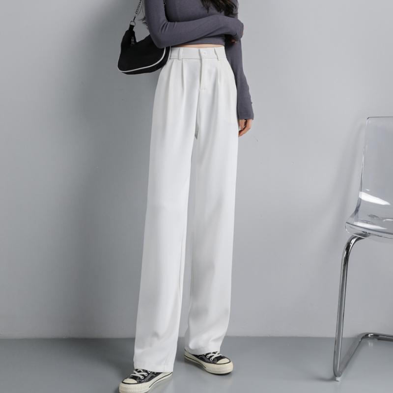 Fashion New Solid Straight Casual Wide Leg Pants Women Elegant Slim Fit High Waist Suit Pants Women Pockets Simple Office Ladies Trousers 25896