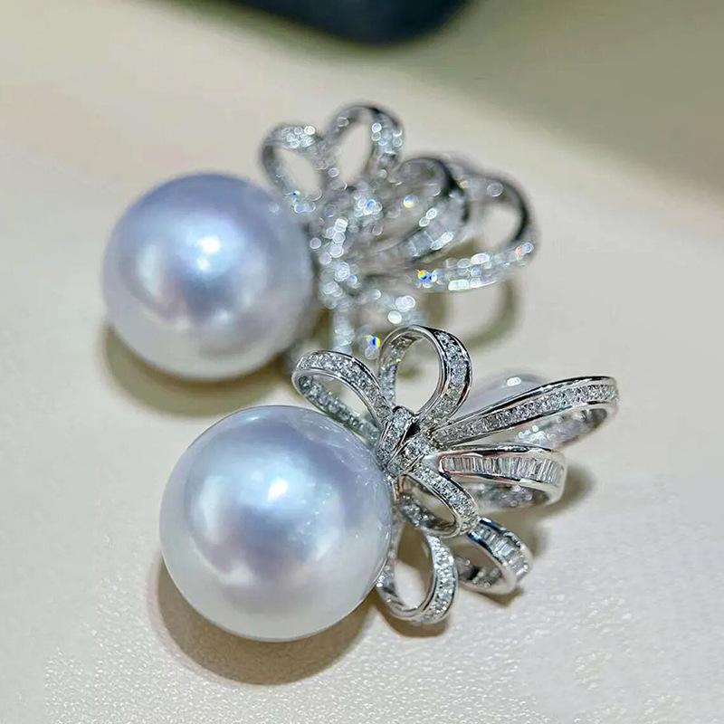 Exquisite Ribbon Imitation White Pearl Stud Earrings, Super Fairy Style Bow Zircon Earrings, Earrings.
