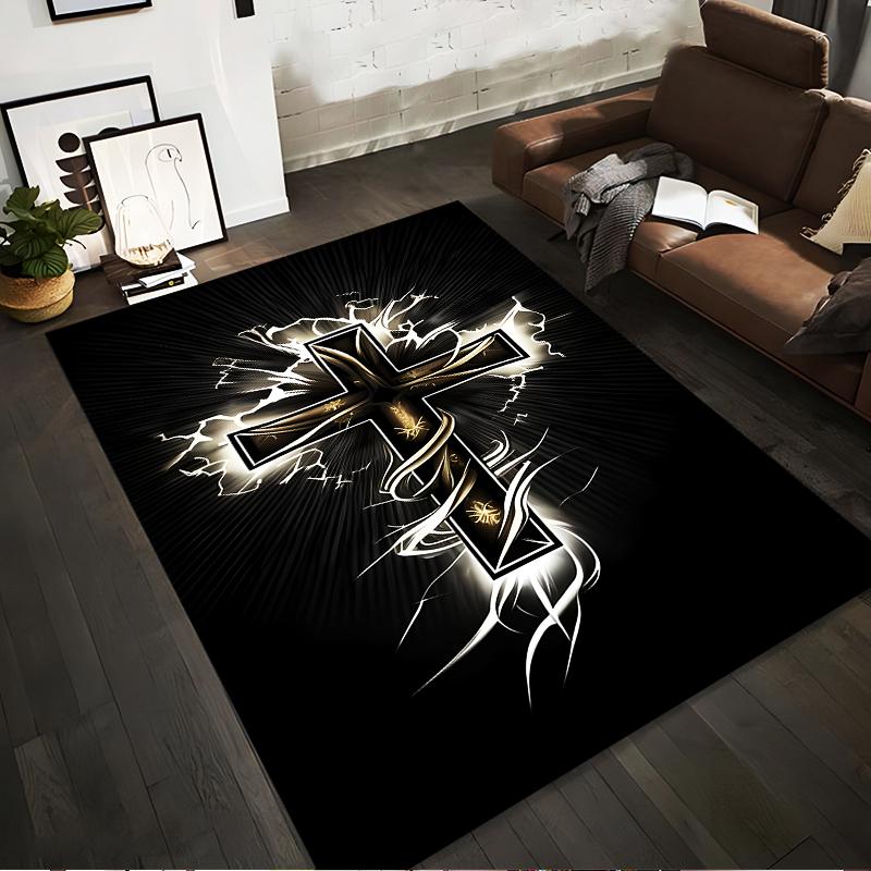 Glowing Cross with Lightning Design Rug - Non-slip rug suitable for living room and bedroom sofas.