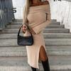 Frauen Herbst Winter, Figurbetontes Kleid Schulterfrei Langarm Schlitz Saum Slim Fit Enges Party Midikleid Einfarbiges Hüftwickelkleid