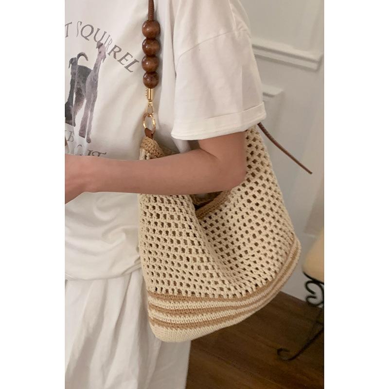 Mori Hollow Woven Bag Female, Lazy Wind Ins Korean Literary Tote Bag Beaded Large-capacity Shoulder Straw Bag