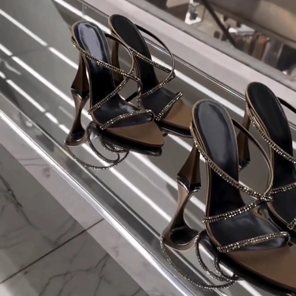 Brown Satin Rhinestone Pointed-Toe High Heel Sandals - Women's Mature Summer Style